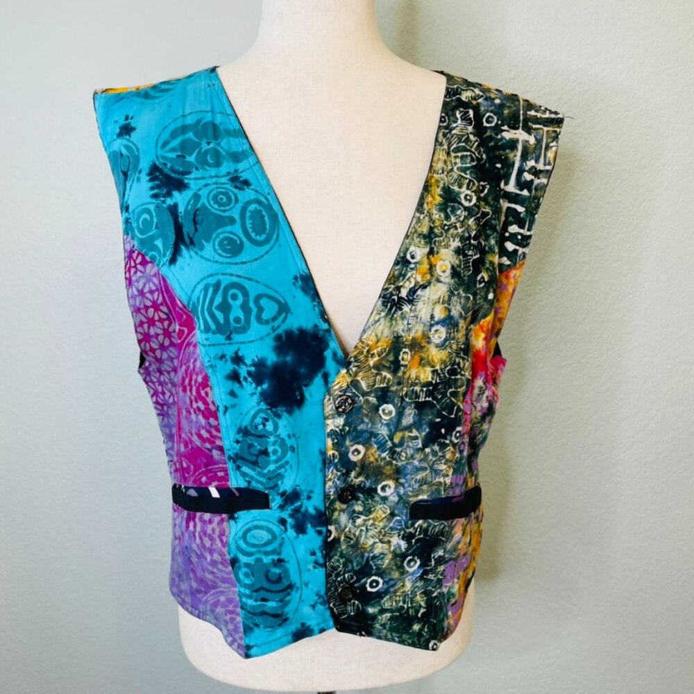 Boho Colorful Patchwork Geometric Aztec Bold Print Casual Button Vneck Vest | XL